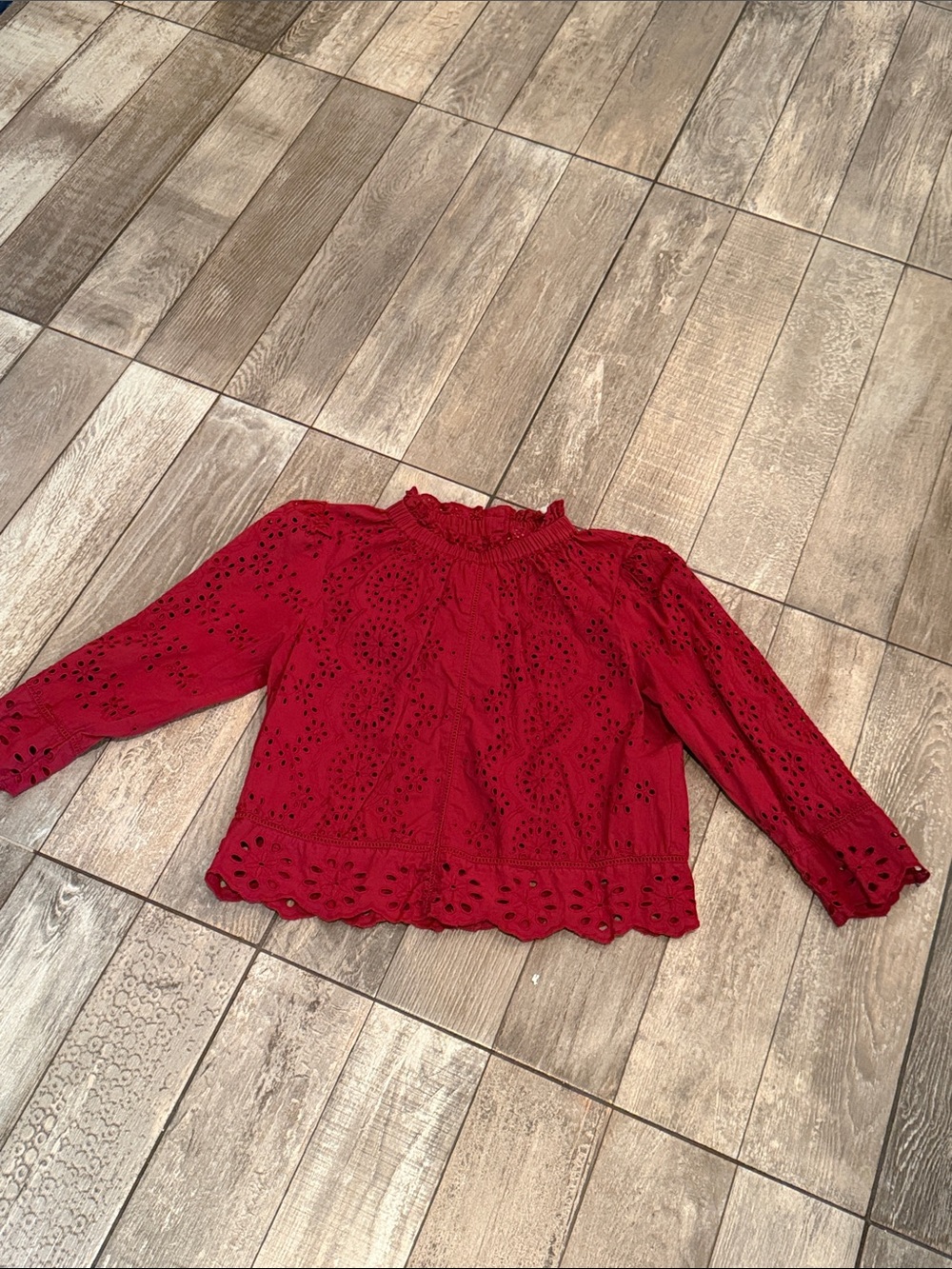 Red Eyelet Lace High-Neck Blouse